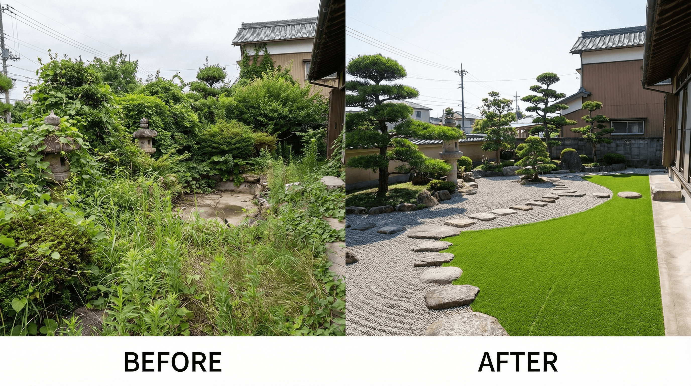膝丈まであった雑草が完全に消え、美しい砂利と人工芝に生まれ変わった劇的なBefore/After画像