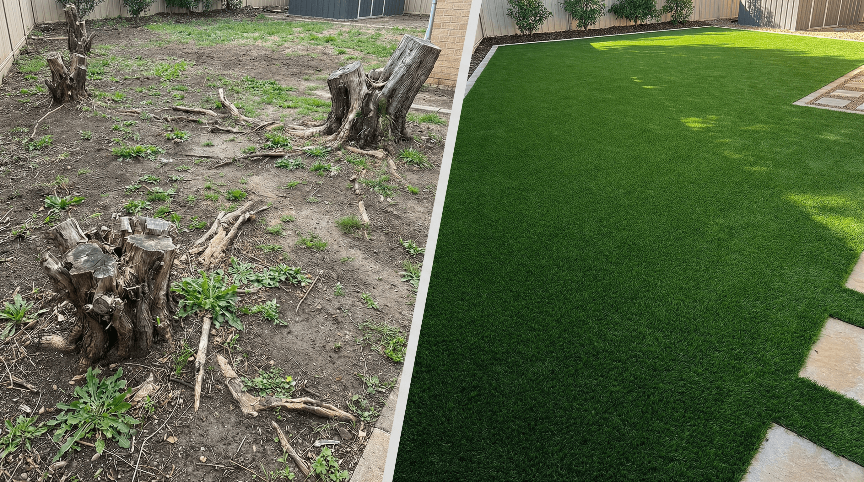凸凹の土壌が水平に整えられ、高品質な人工芝が隙間なく敷かれた、見栄えの良いBefore/After画像