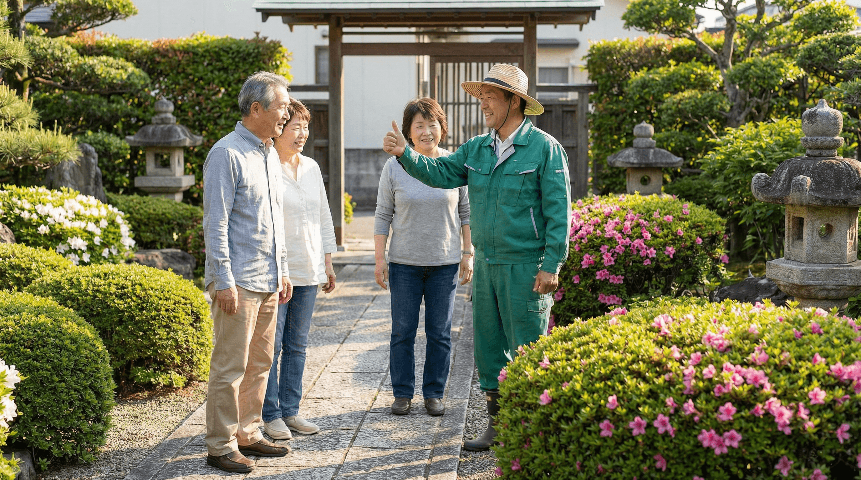 清潔感のある作業服を着たスタッフが、整えられた庭でお客様に完了報告をしている爽やかなシーン